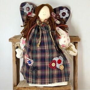 Angel Doll Plaid Fabric Decorative Buttons Yarn Rustic Americana Patriotic 12”